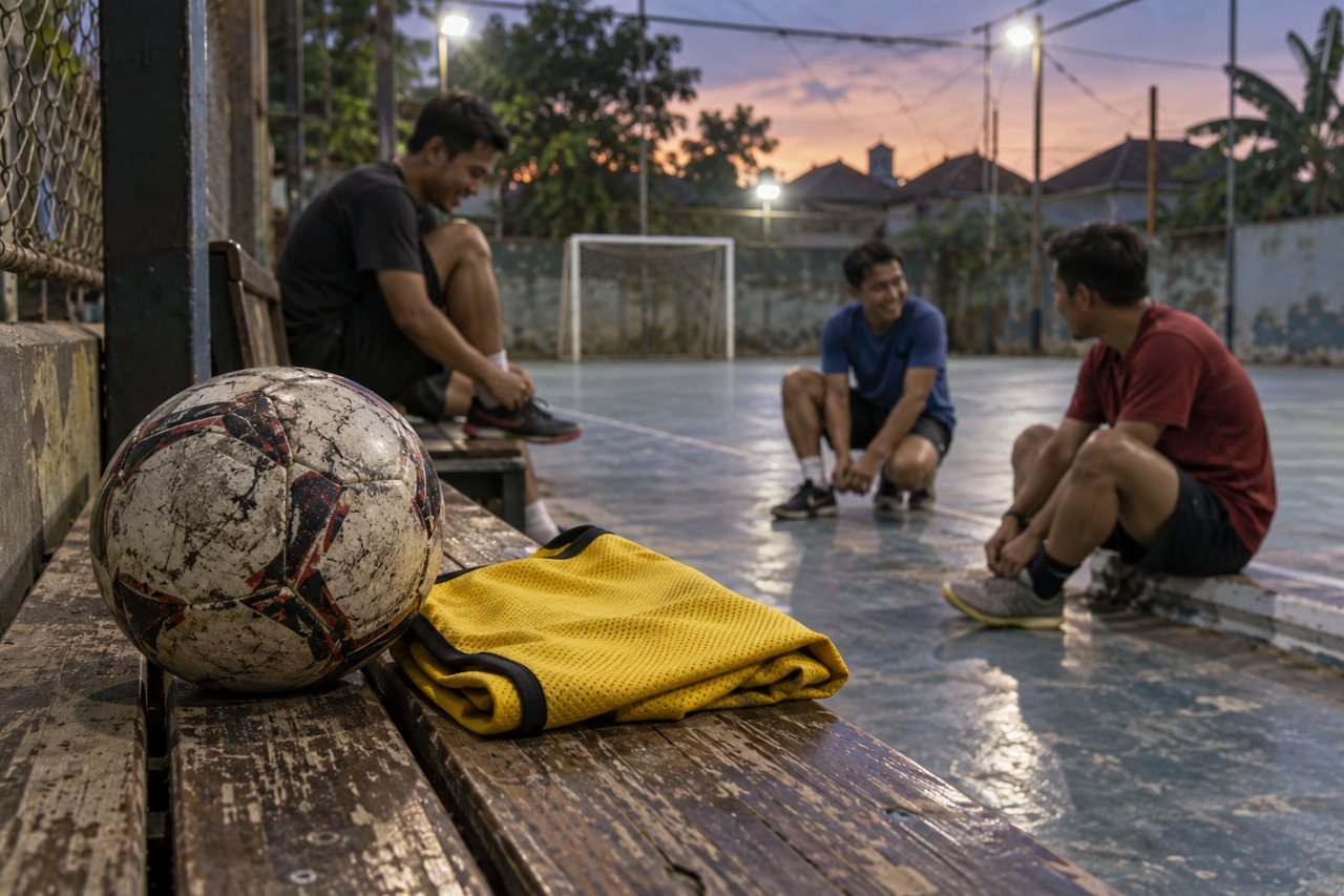 Bola usang dan rompi kuning di bangku, dengan tiga teman bersiap bermain futsal.