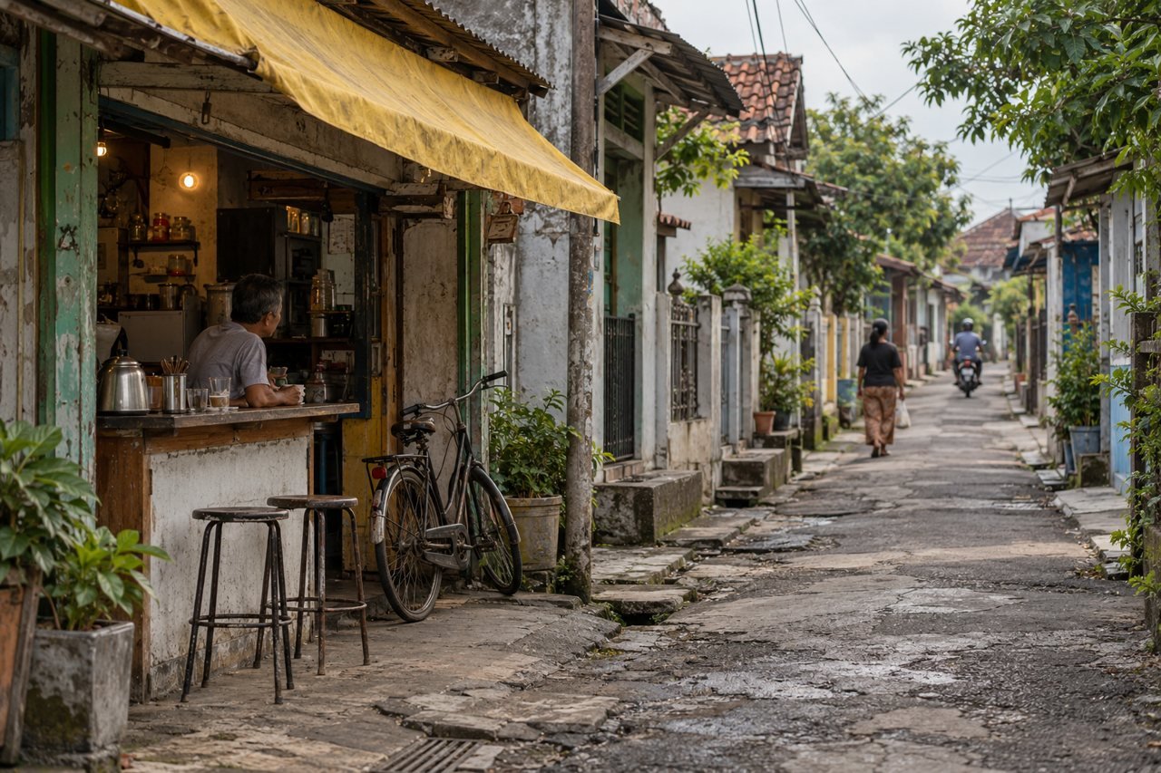 Gang permukiman dengan warung kopi, sepeda tua, dan kanopi kuning pudar pada sore hari.